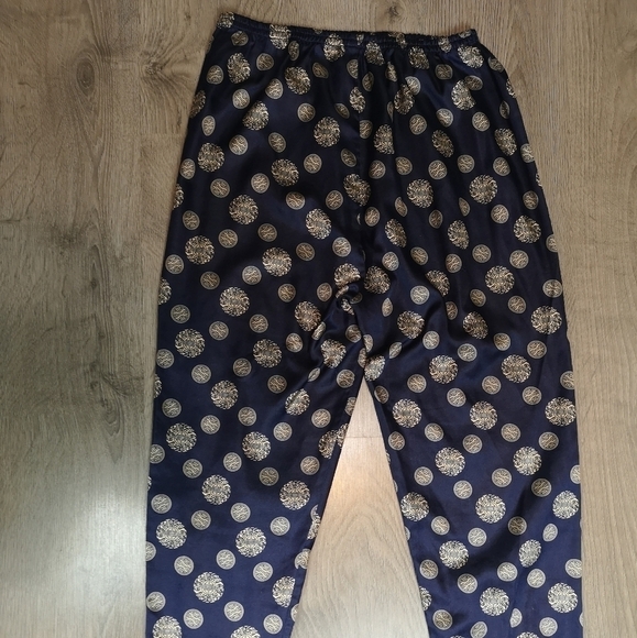 90s vintage Navy chinoiserie printed pull on satin viscose pajama pants - Picture 1 of 4